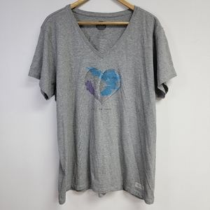 Life Is Good Womens Gray Top Sz XXL Short Sleeve V-Neck Heart Love Classic Fit